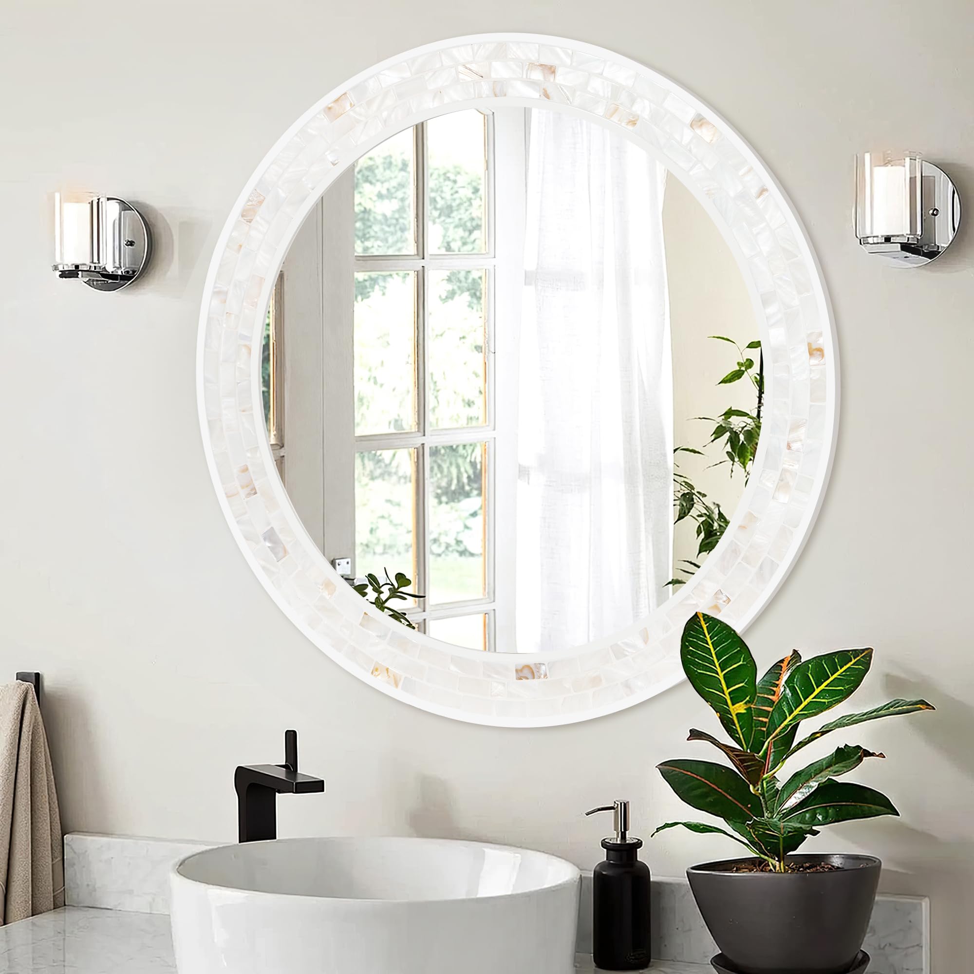 Tanmicoshomy Round Wall Mirror 24 Inch,Circle Mosaic Mirror with Natural Mother of Pearl and Wood Frame, Decorative Coastal Round Wall Mirror for Bathroom Bedroom Living Room Entryway
