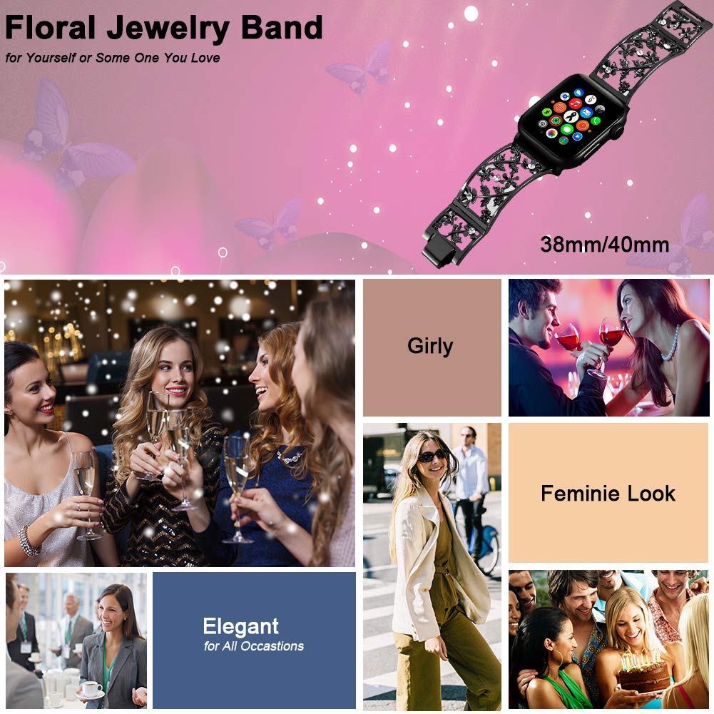 Floral Band Compatible with Apple Watch Jewelry Band 38mm 40mm 41mm 42mm iWatch Bands Series 11 10 9 8 7 6,Bling Crystal Bracelet Hollow Metal Strap,Fashion Women Wristband(38/40/41/42mm,Black)