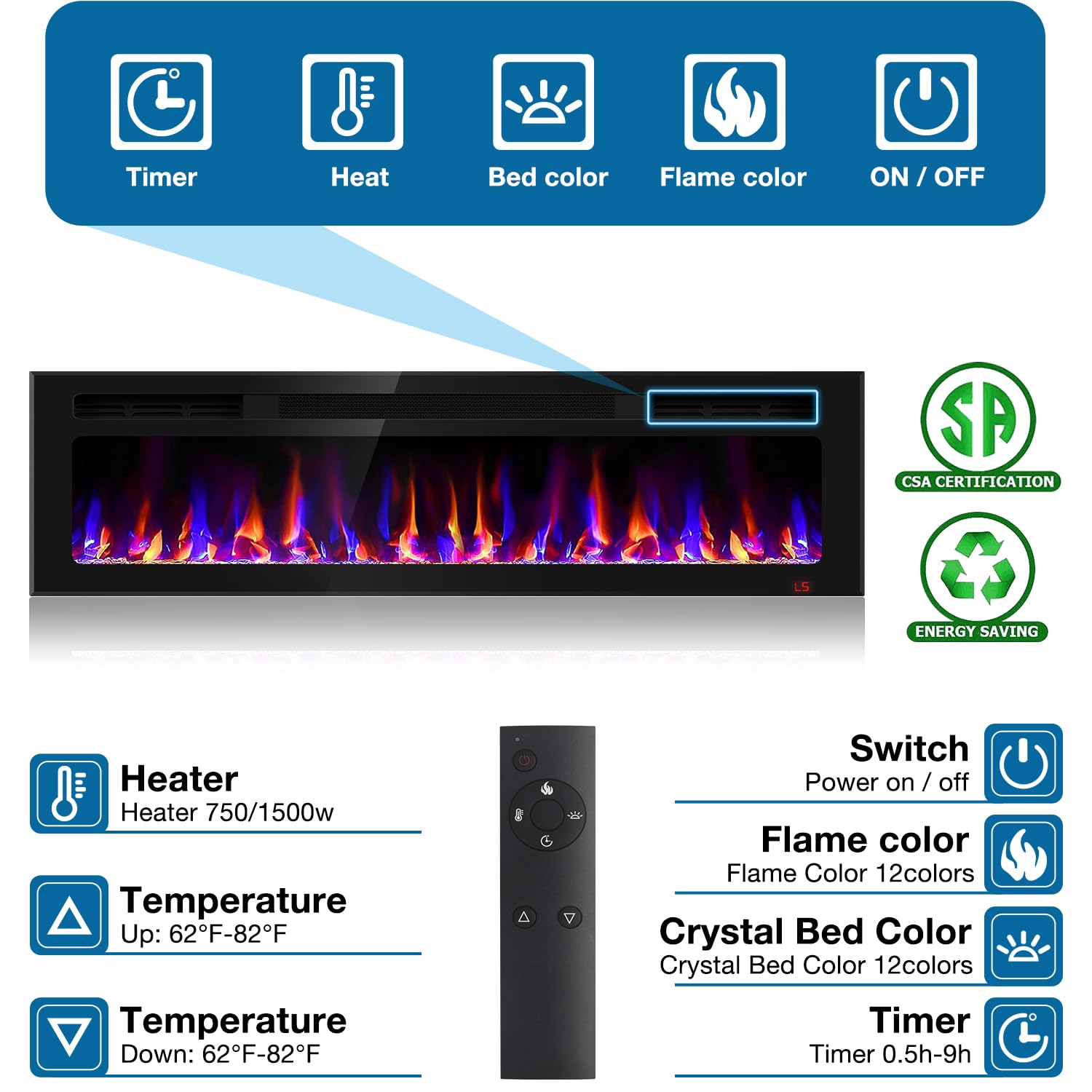 31 Inch Electric Fireplace Recessed and Wall Mounted, Fireplace Heater and Linear Fireplace, Ultra-Thin Electric Fireplace, Low Noise, with Timer, Remote Control, Adjustable 12 Flame Color, 750/1500W