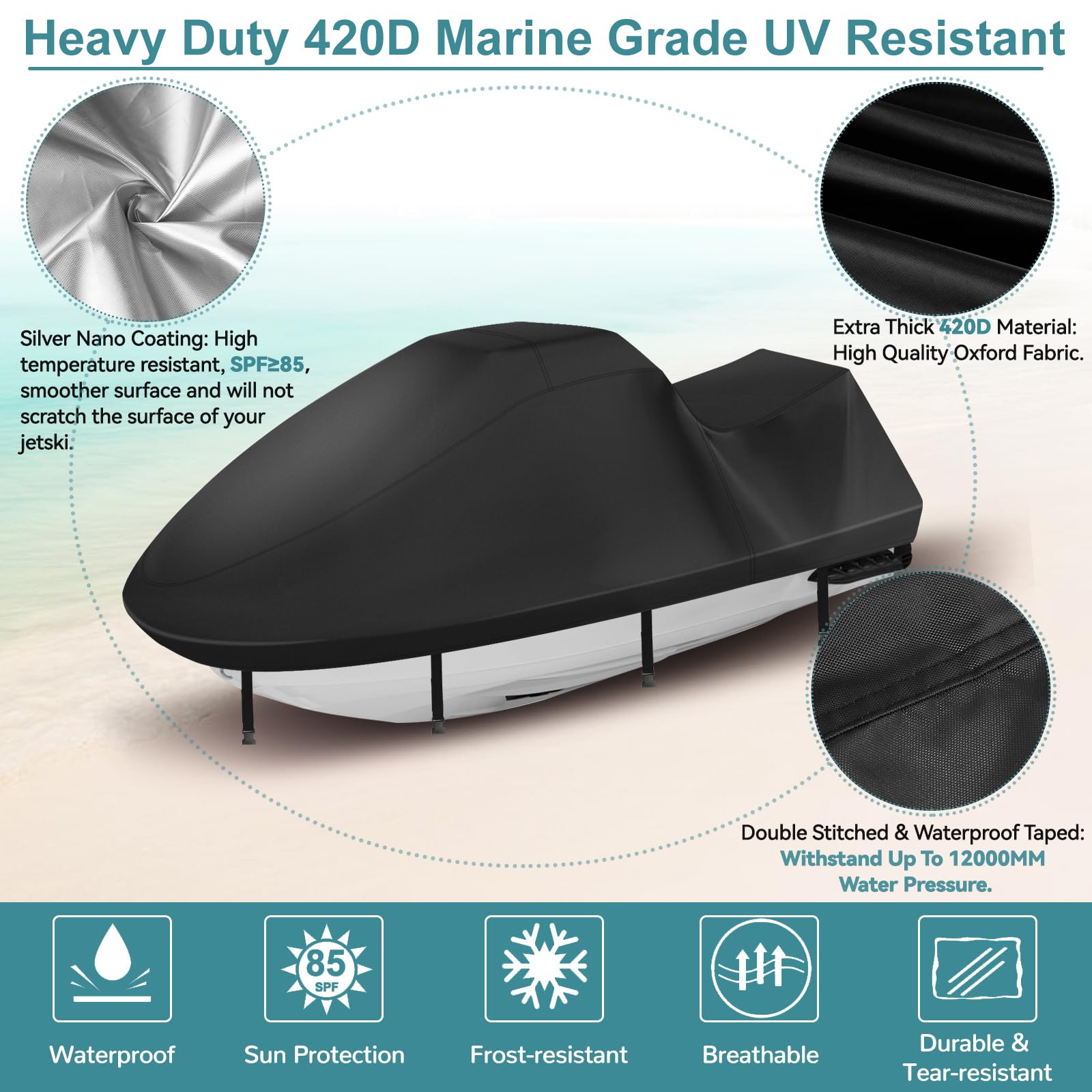 Jet Ski Cover,Heavy Duty 900D Oxford Jetski Cover 2 3 Seater with 2 Air Vents，4 Windproof Buckles，Easy On，Jetski Cover Waterproof for Seadoo Spark,Yamaha,All Weather Protection(Black, XL:115"-120")