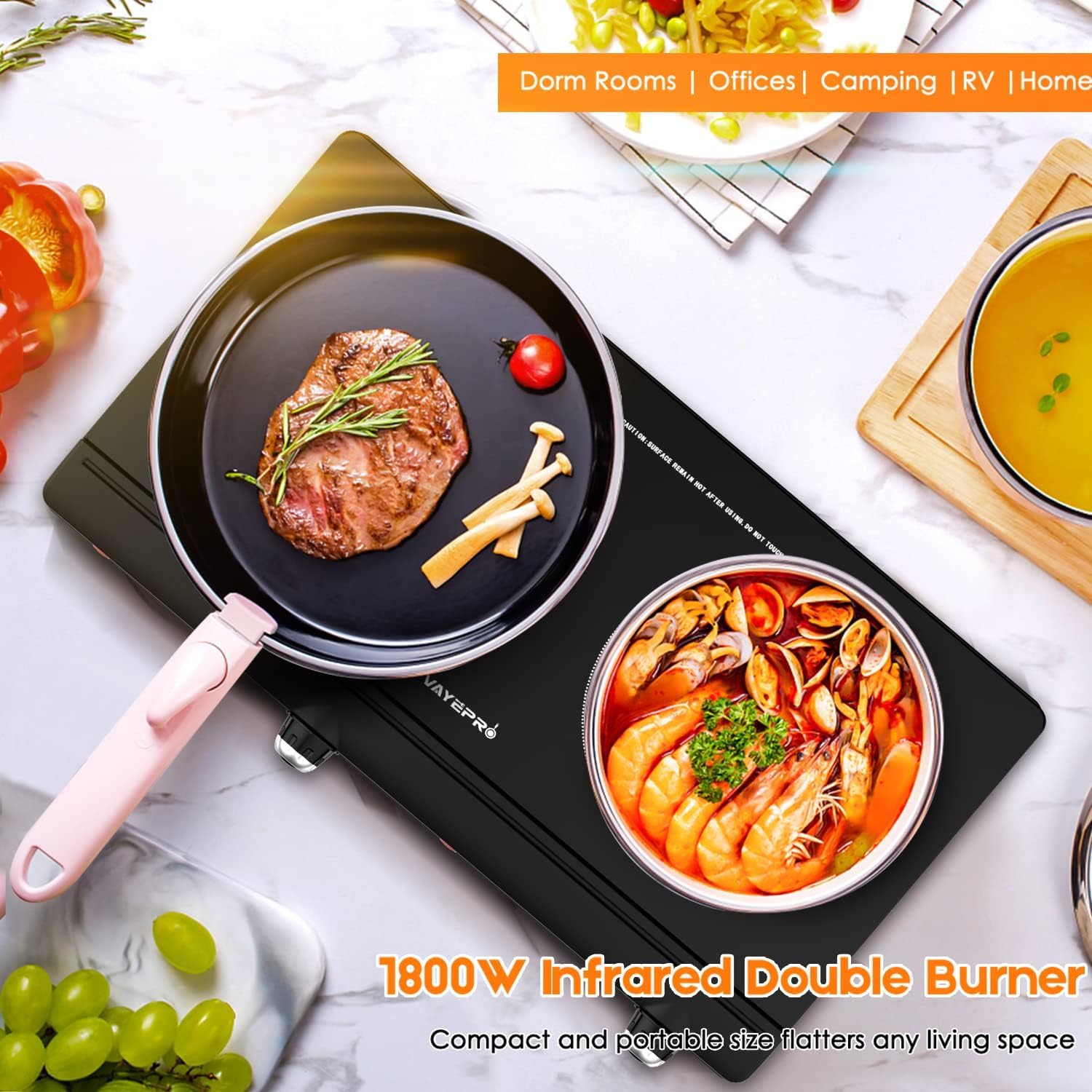Infrared Double Burner Electric Cooktop - 1800W Portable Stove, Heat-up In Seconds, Countertop Cooktop for Dorm, Compatible with All Cookware