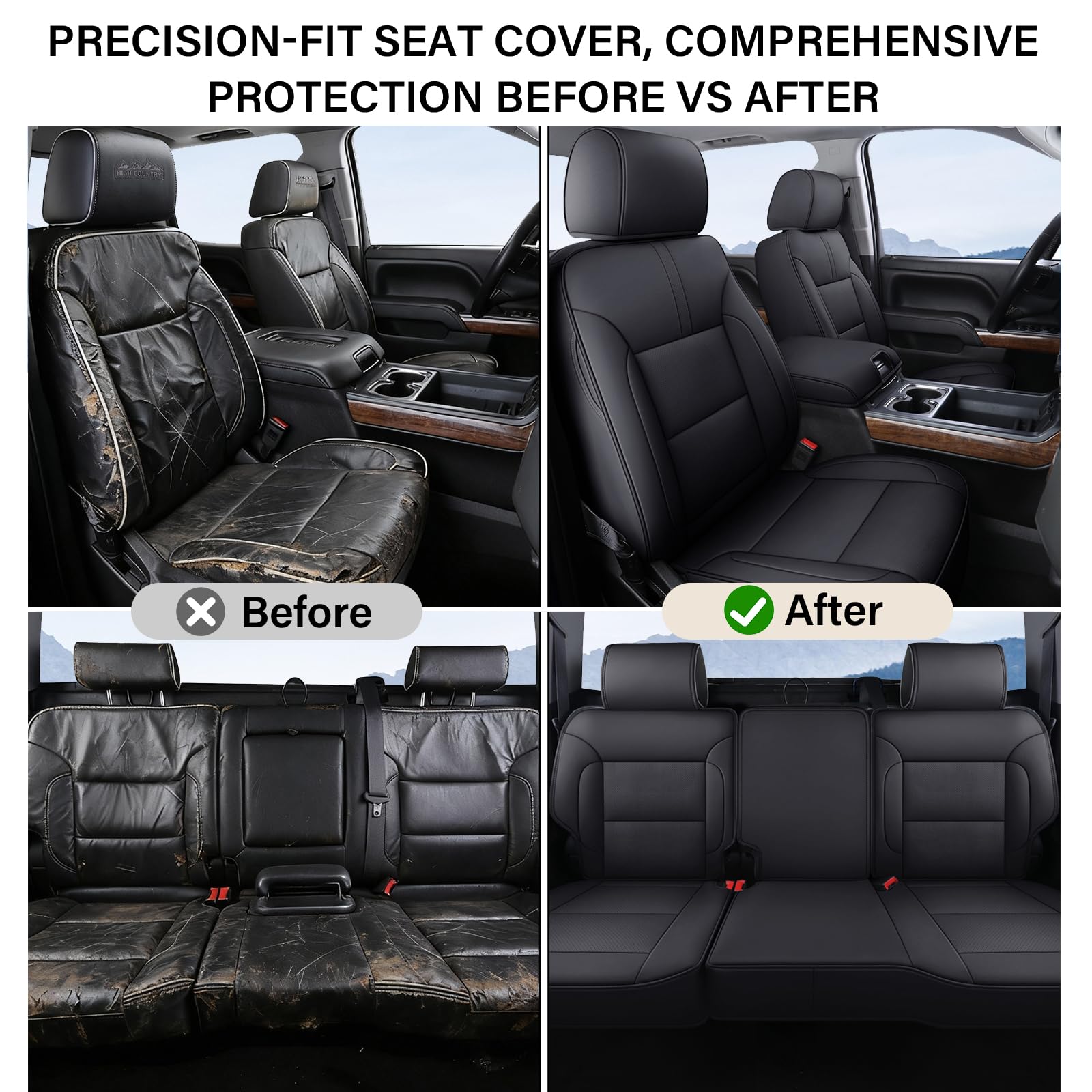 Coverado Chevy Silverado Seat Covers, Faux Leather Seat Covers Fit for Chevy Silverado GMC Sierra 2007-2025 1500, 2015-2025 2500HD 3500HD Crew Double Extended Cab (Front, Black)