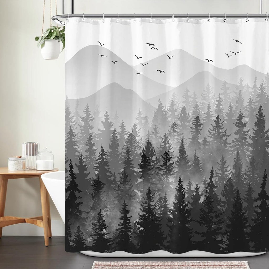 Stall Small Black and White Misty Forest Shower Curtain Ombre Gray Grey Mountain Pine Tree Waterproof Fabric Shower Curtains for Bathroom Nature Woodland Decorative Bath Curtain Decor 36×72 Inches