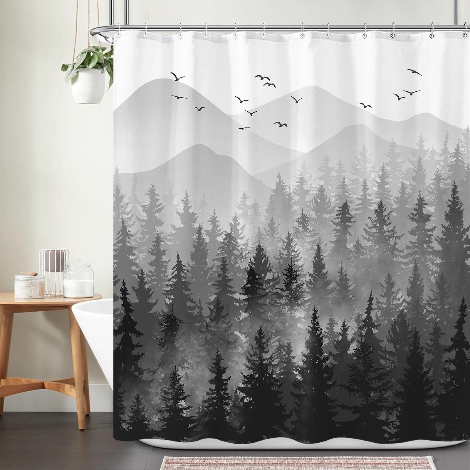 Stall Small Black and White Misty Forest Shower Curtain Ombre Gray Grey Mountain Pine Tree Waterproof Fabric Shower Curtains for Bathroom Nature Woodland Decorative Bath Curtain Decor 36×72 Inches