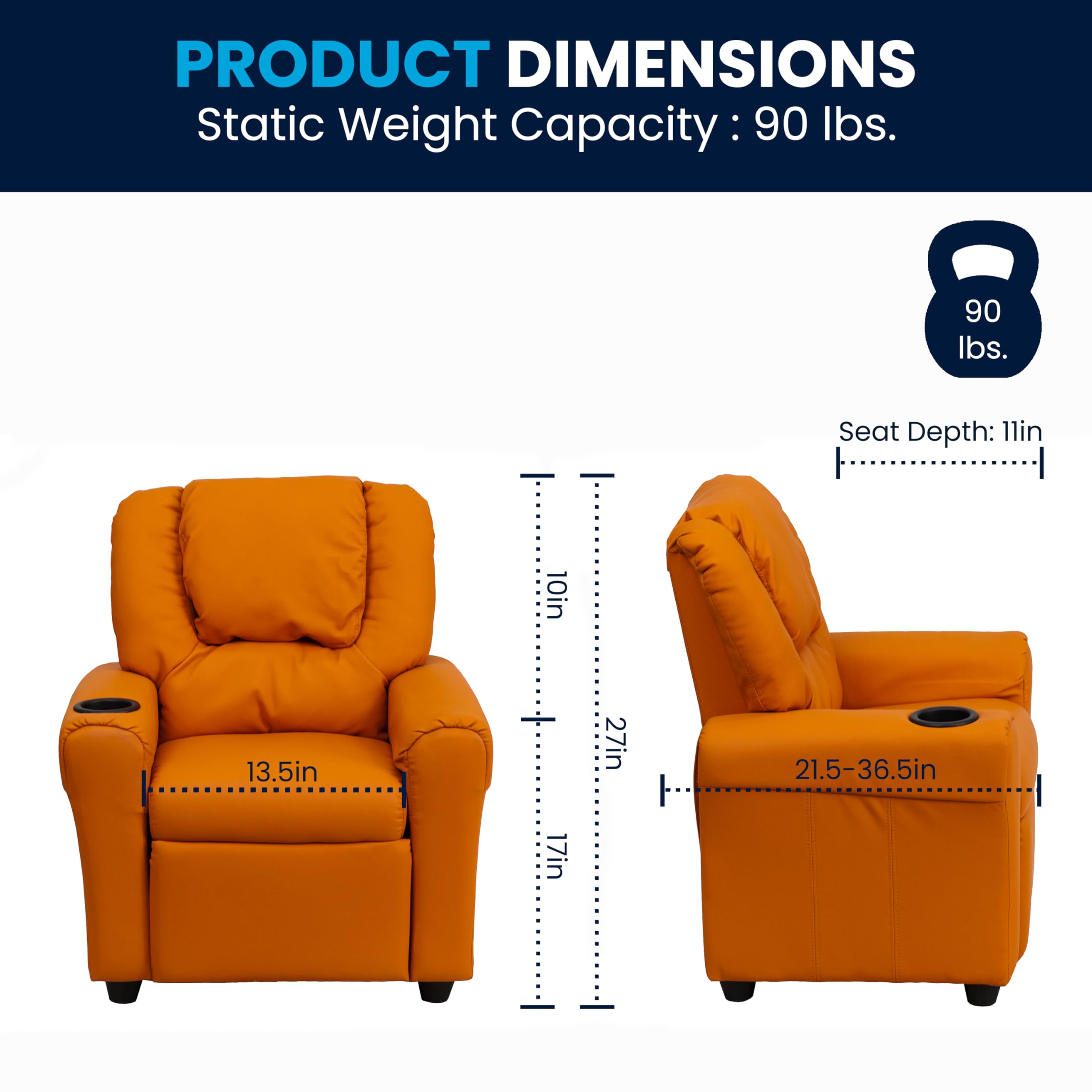 Flash Furniture Vana Vinyl Kids Recliner with Cup Holder, Headrest, and Safety Recline, Contemporary Reclining Chair for Kids, Supports up to 90 lbs., Beige