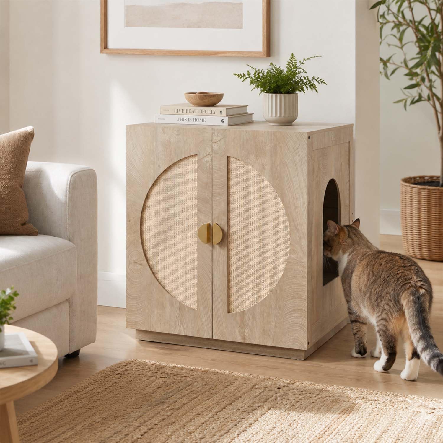 unipaws Extra Large Cat Litter Box Enclosure for Self-Cleaning & Automatic Litter Boxes, Tall Cabinet with Charging Station, Wooden Dog Proof Hidden Cat House for Top Entry Litter Box