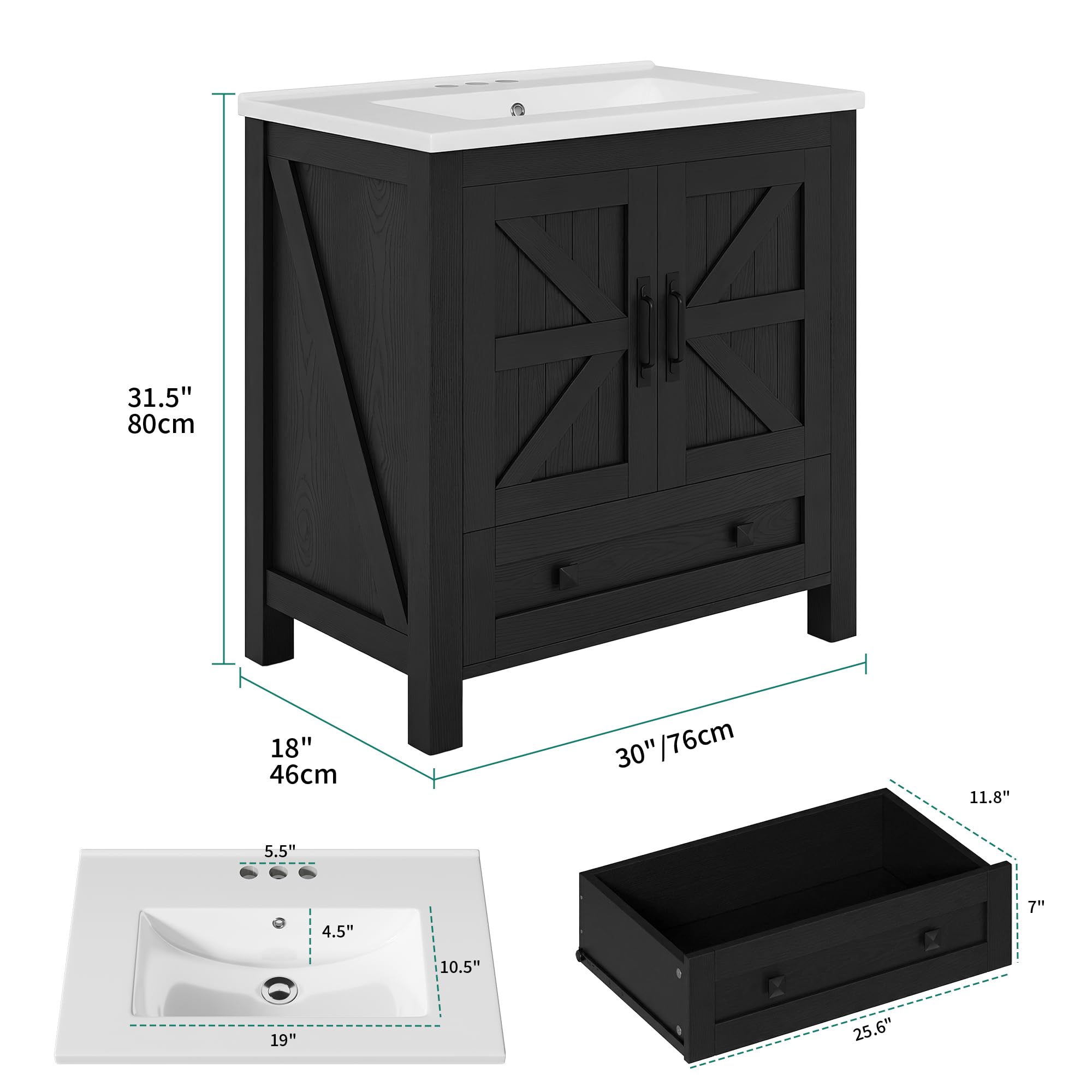 YITAHOME 30 Inch Farmhouse Bathroom Vanity with Sink, Small Space Bathroom Storage Cabinet with Large Drawer, 2 Wood Barn Doors with Built-in Door Racks