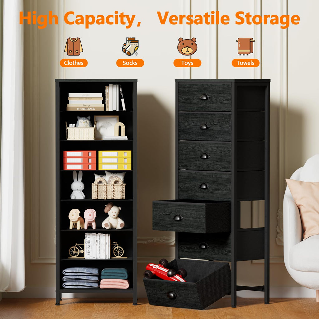 Furnulem Tall Dresser with 6 Drawers,Vertical Bedside End Table & Chest for Bedroom,Black Storage Tower Dorm Nightstand with Fabric Drawer Organizer Unit Furniture in Living Room,Closet,Hallyway