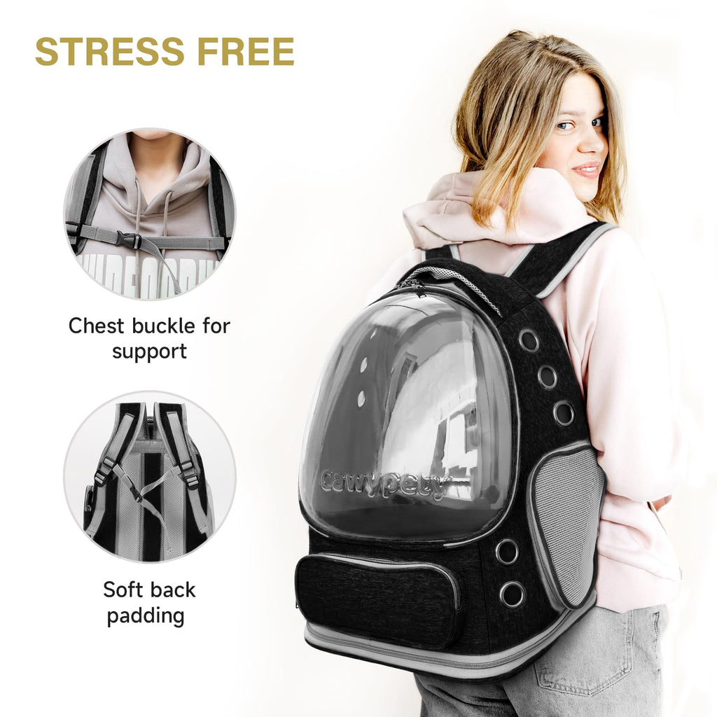 Cawypety Cat Backpack Carrier, Breathable Cat Carrier Large Space Bubble Pet Backpack for Kitty Small Dog up to 12lbs, Transparent & Foldable Pet Carrier for Travel Hiking (Black