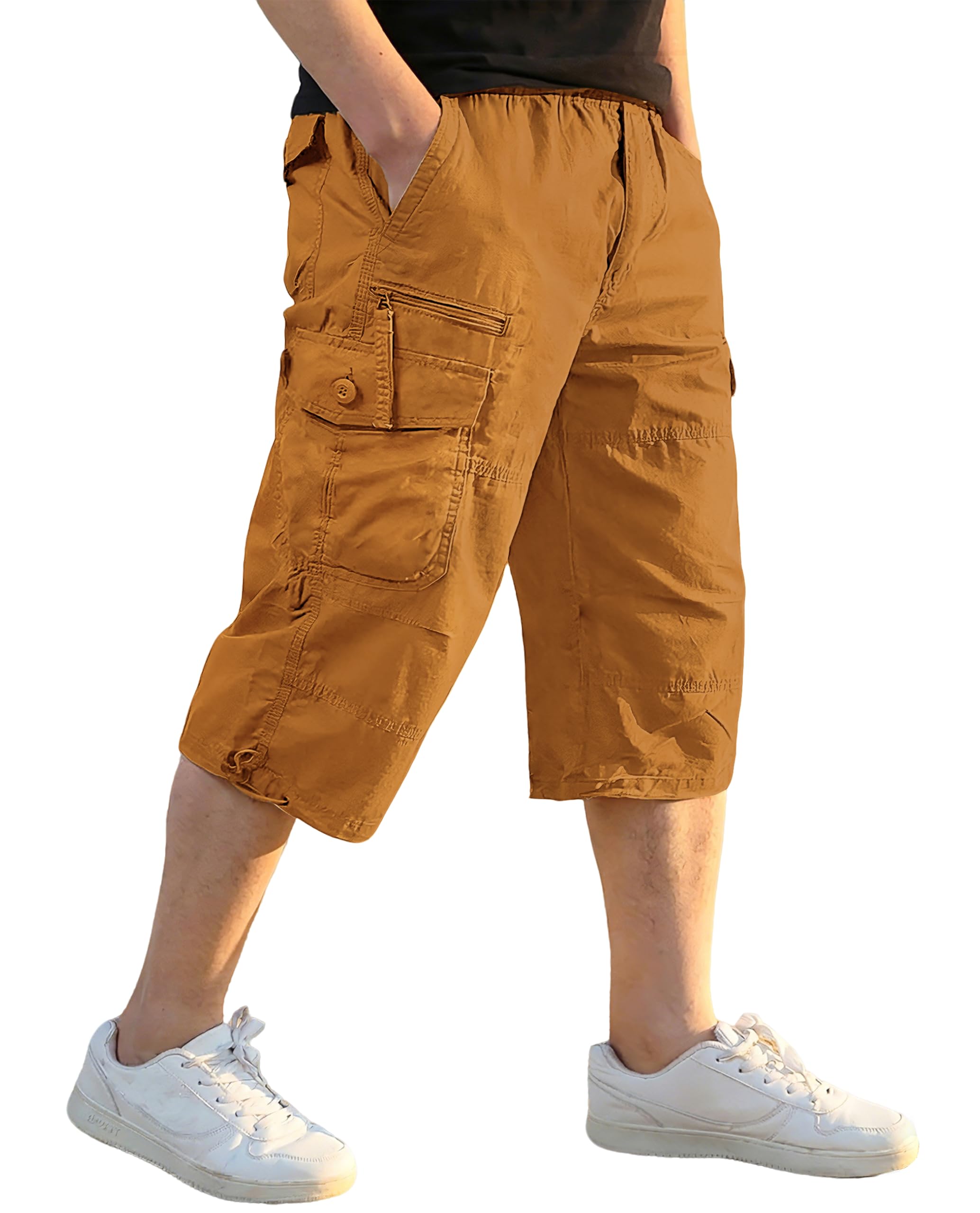 EKLENTSON Men's Cargo Shorts Casual Twill Elastic 3/4 Capri Pants Below Knee Long Shorts with 7 Pockets