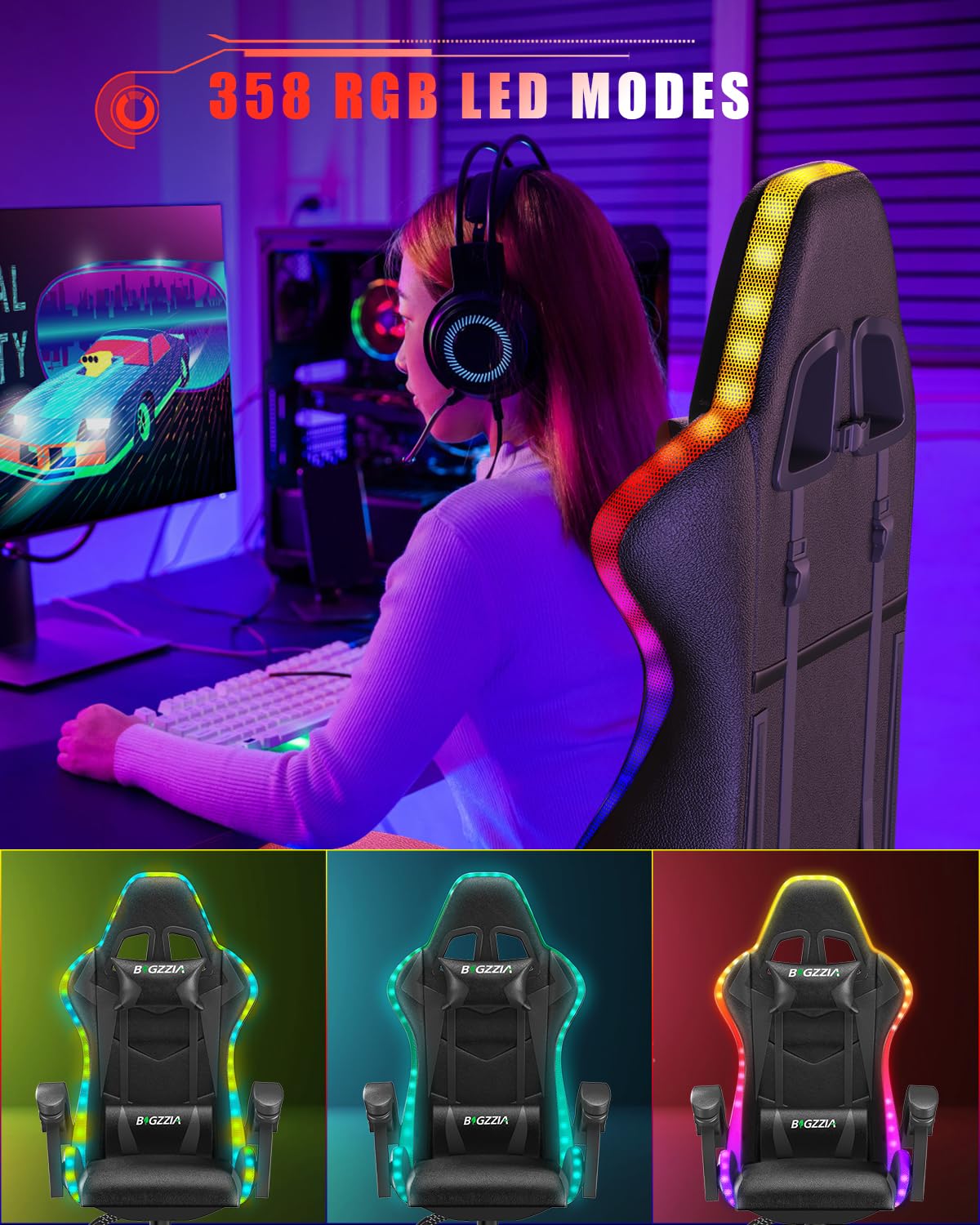 Bigzzia Gaming Chair with RGB LED Lights for Kids & Adults, High Back Ergonomic Computer Gamer Chair with Headrest and Lumbar Support, Racing Style Reclining Game Chair(Black)