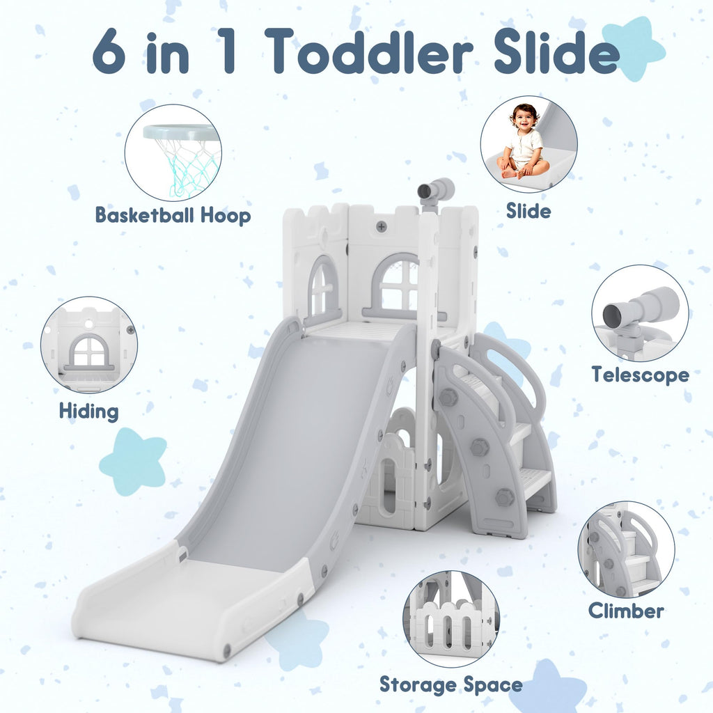LulliSpace 6 in 1 Toddler Slide,Kids Playset for Toddlers Indoor Outdoor, Baby Slide with Basketball Hoop, Telescope & Storage Space,Non-Slip Steps for Great Gift