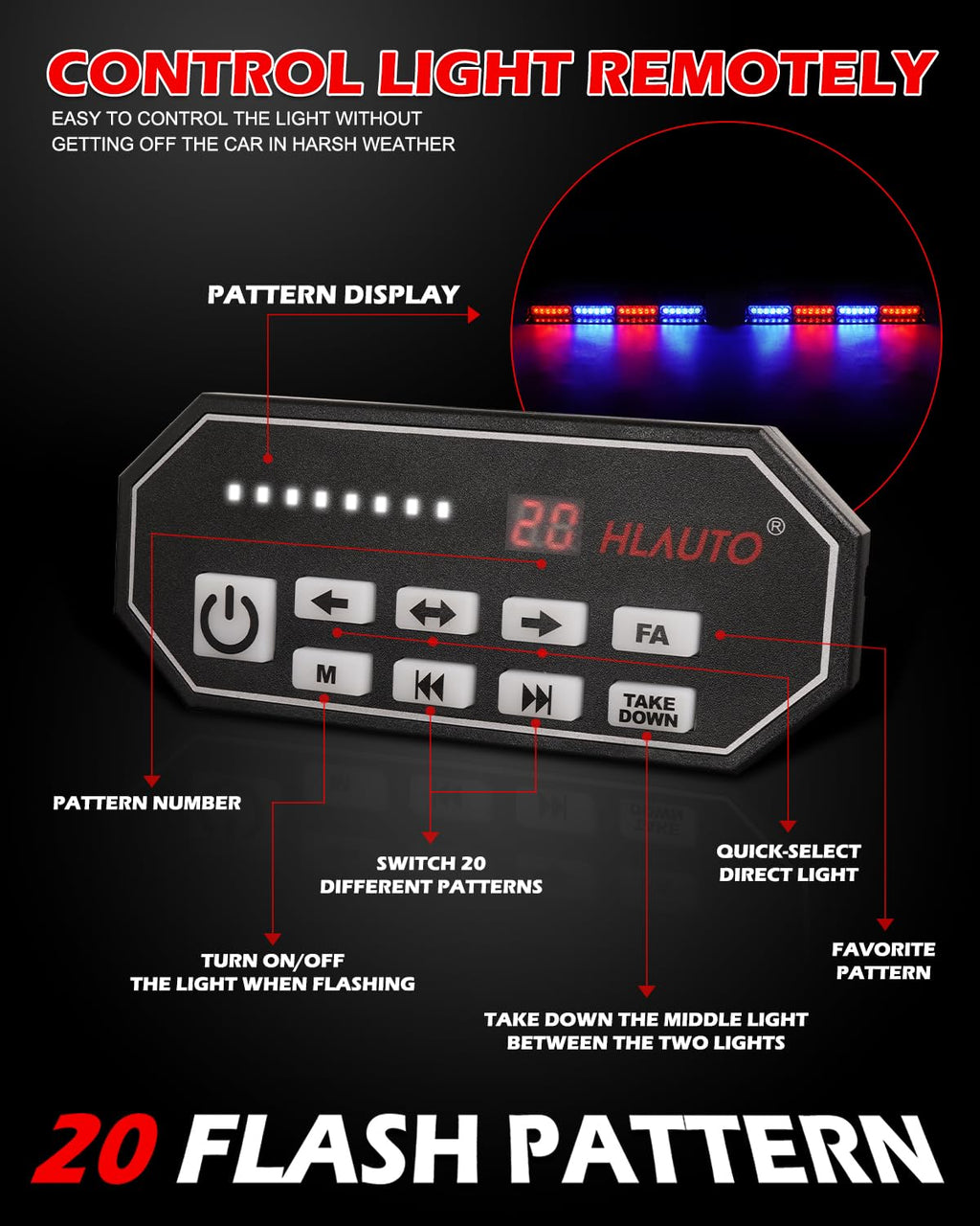 HLauto 604N Emergency Dash Strobe Lights: 2x16.8 inch Amber White Security Light w/Take Down, 48 LED Safety Flashing Warning Hazard Interior Windshield Light Bar for Truck Vehicle