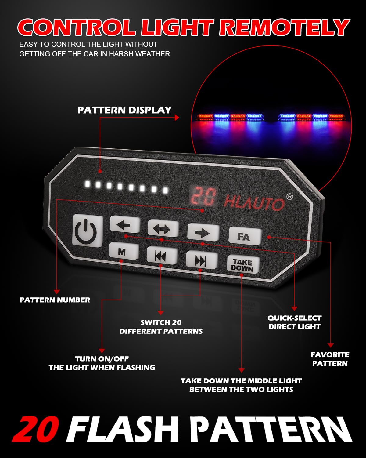 HLauto 604N Emergency Dash Strobe Lights: 2x16.8 inch Amber White Security Light w/Take Down, 48 LED Safety Flashing Warning Hazard Interior Windshield Light Bar for Truck Vehicle
