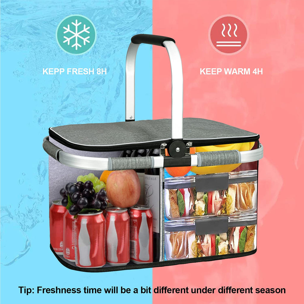 LIQING 35L Large Picnic Basket 2 Layers of Internal Pockets Leak-Proof and Insulated ，Folding with Internal Support for enhansed Stability, Wedding Gifts for Couple(Black)