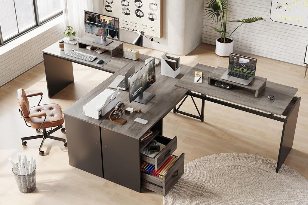 Bestier L Shaped Standing Desk with Lift Top, 55"x55" Standing Corner Desk for Home Office, Computer Desk with Reversible File Drawer and Monitor Stand, Grey Wash