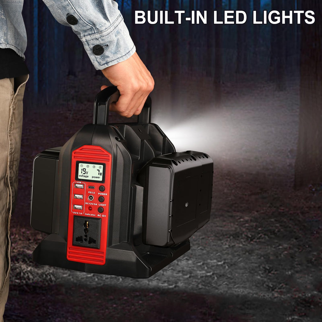 350W Inverter for Milwaukee 18V Li-ion Battery, 4-Port 20V to 120V Pure Sine Wave Inverter with LED Light, 3 USB-A Port, 1 USB-C Port, 1 DC Port, Power Station for Outdoor Camping(No Battery)