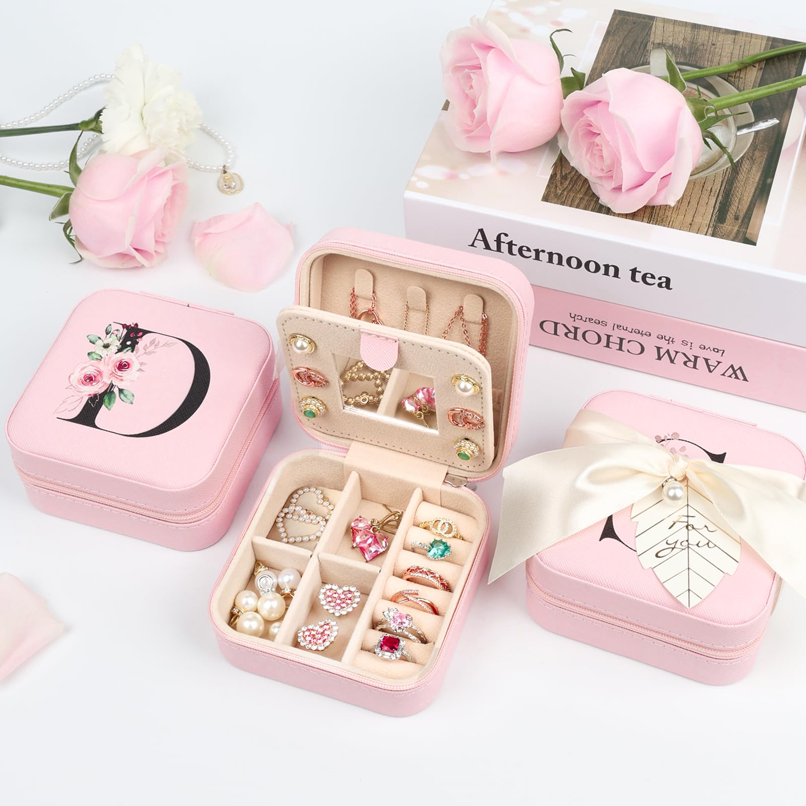 AYGXU Travel Jewelry Box for Women and Girls - Small Case With Initial A-Z - Teacher Gifts