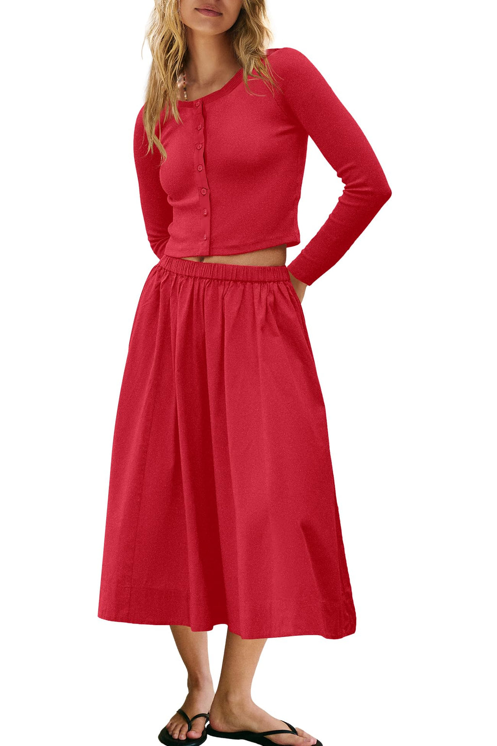 Panadila Womens 2 Piece Lounge Sets Matching Vacation Outfits Ribbed Button Down Cardigan and Elastic Waist Skirt Sets