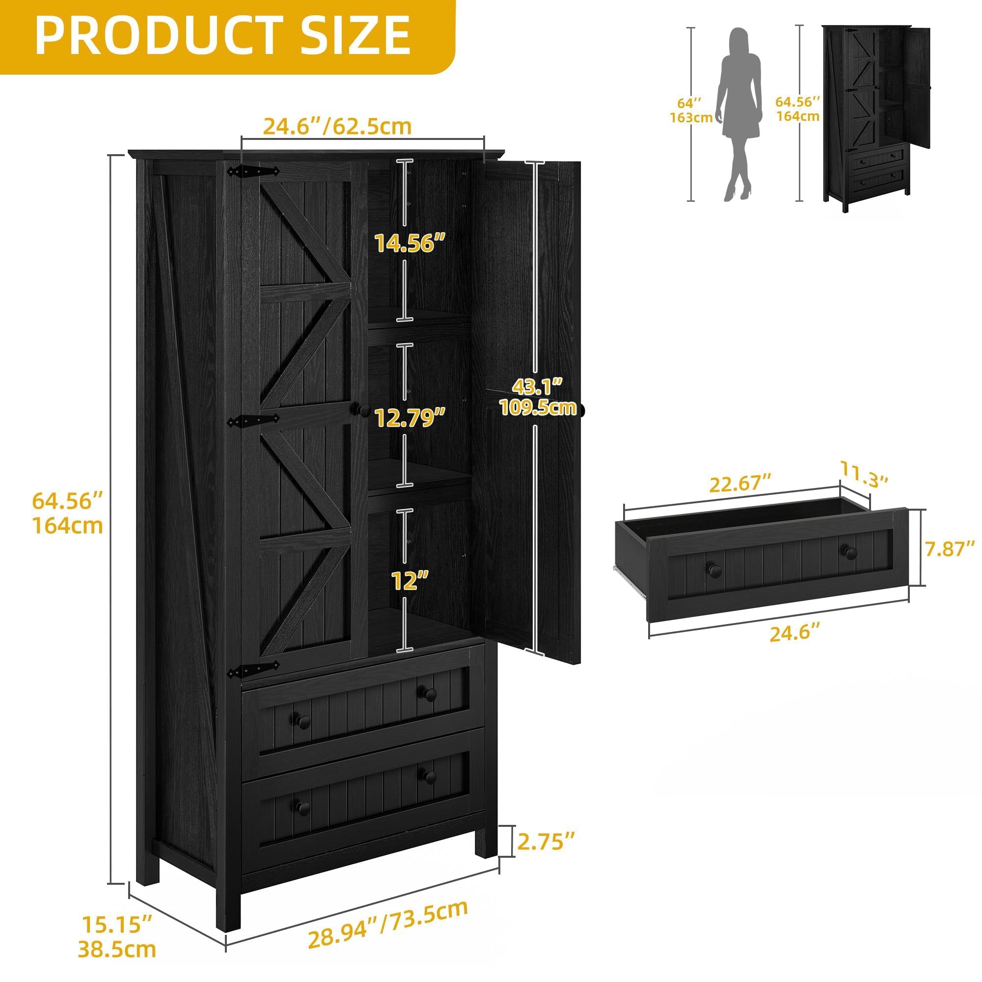 DWVO Farmhouse Kitchen Pantry Cabinet, 64.5" Tall Storage Cabinet with 2 Drawers and Adjustable Shelves, Versatile Storage for Living Room, Dining Room or Hallway, Oak Black