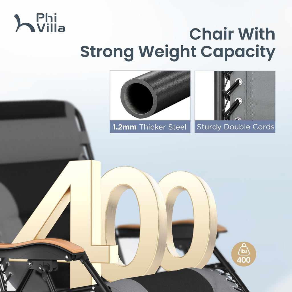 PHI VILLA XXL Oversized Padded Zero Gravity Chair Set of 2, Foldable Patio Recliner, 30" Wide Seat Anti Gravity Lounger with Armrest and Cup Holder, Support 400 LBS (Aqua Blue)