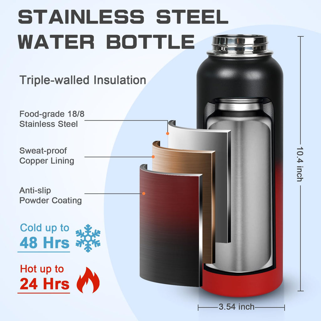 GAZLEMHO 40 oz Insulated Water Bottle with Straw& Spout 2-in-1 Lid, Triple Wall Vacuum Stainless Steel Cold 48H, Leak Proof Sports Metal Flask Jug with Paracord Handle, Black