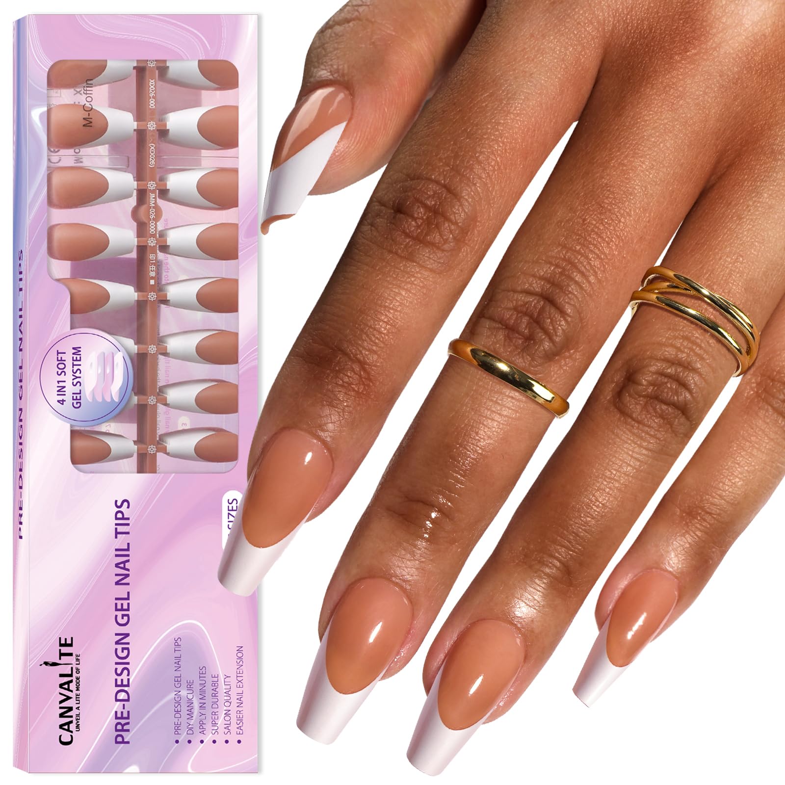 Canvalite French Tip Press on Nails Gel Nail Tips - 300Pcs Pre-Colored Quick and Easy Press on Nails Almond Fake Nails with Designs DIY Nail Extensions, Nude White