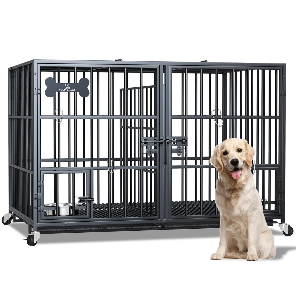 Dosker 42 inch Heavy Duty Metal Dog Crate with Divider for 2 Dogs/Large Dog, All Metal Open Top Escape Proof Cage, Indoor Dog Kennel with Wheels, Floor Grid, Tray, Feeding Bowl