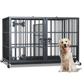 Dosker 42 inch Heavy Duty Metal Dog Crate with Divider for 2 Dogs/Large Dog, All Metal Open Top Escape Proof Cage, Indoor Dog Kennel with Wheels, Floor Grid, Tray, Feeding Bowl