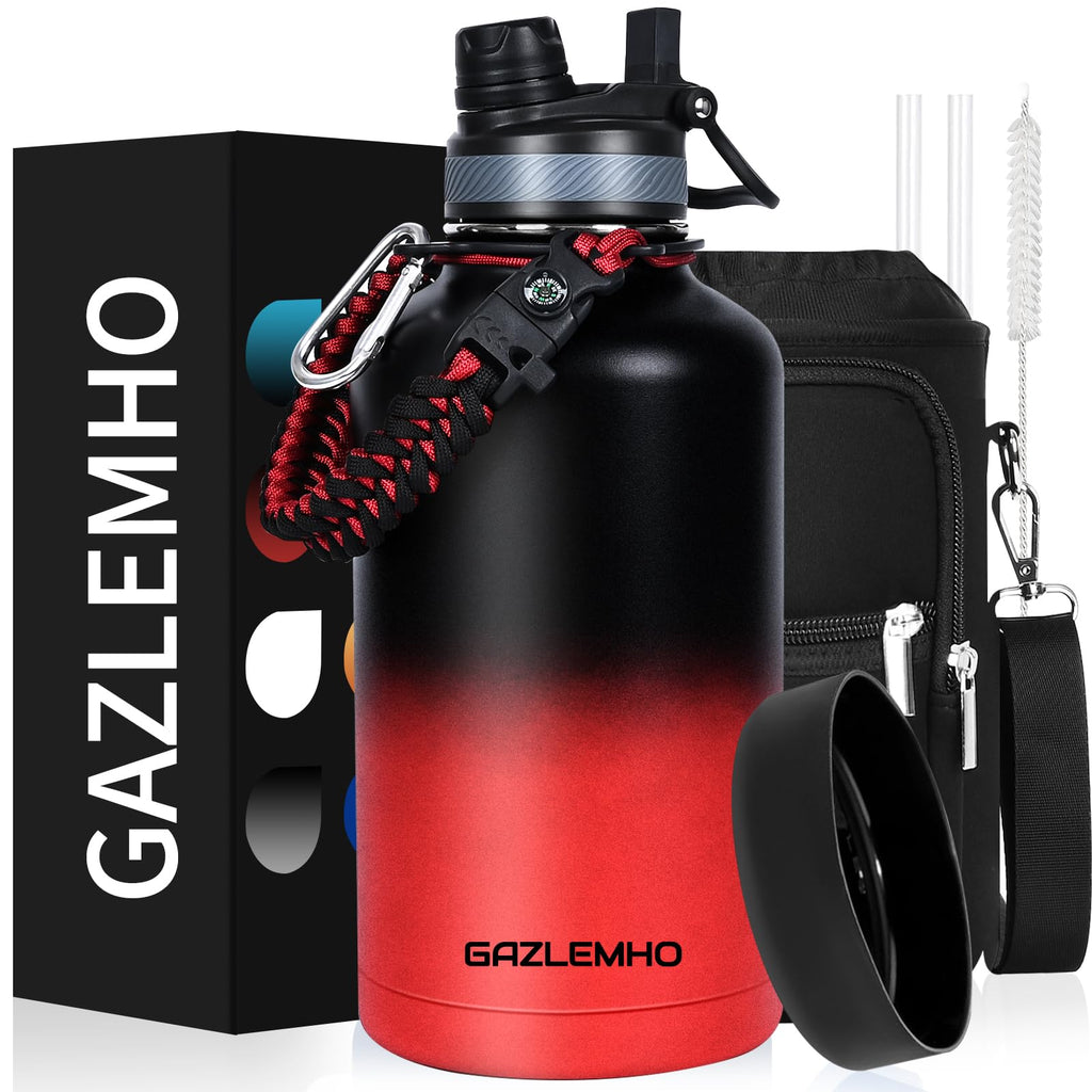 GAZLEMHO 40 oz Insulated Water Bottle with Straw& Spout 2-in-1 Lid, Triple Wall Vacuum Stainless Steel Cold 48H, Leak Proof Sports Metal Flask Jug with Paracord Handle, Black