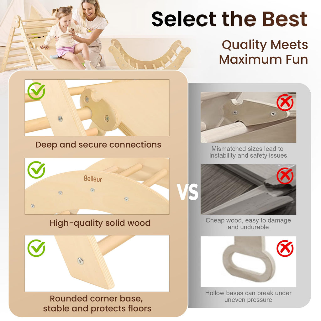Belleur 7-in-1 Climbing Toys for Toddlers 1-3 Years Old, Foldable Wooden Pikler Triangle Set Indoor, Montessori Climbing Set with Arch, Ramp & Ladder - Natural