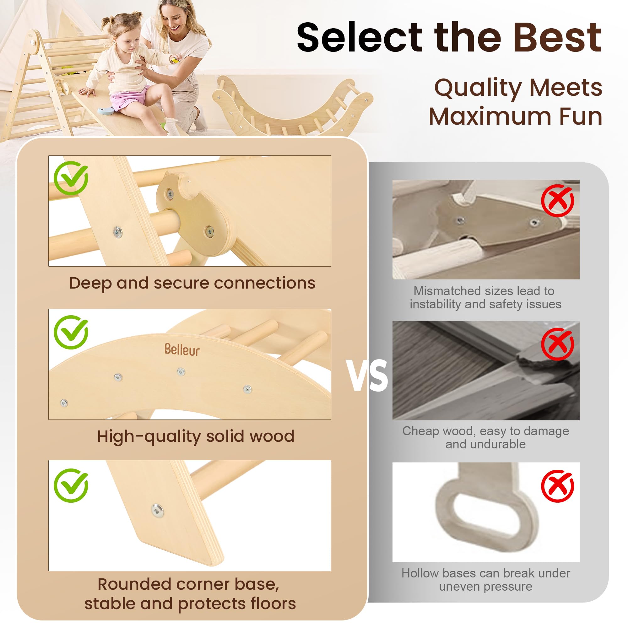 Belleur 7-in-1 Climbing Toys for Toddlers 1-3 Years Old, Foldable Wooden Pikler Triangle Set Indoor, Montessori Climbing Set with Arch, Ramp & Ladder - Natural