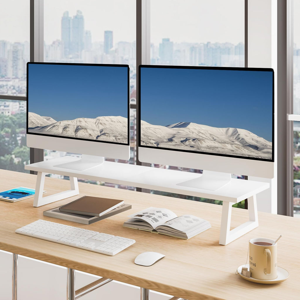 TEAMIX 31.5 inch Dual Monitor Riser, Long Black Monitor Stand Riser Wide TV Stand Riser Monitor Stand for 2 Monitors Wood & Steel Desktop Riser Desk Organization Home Office