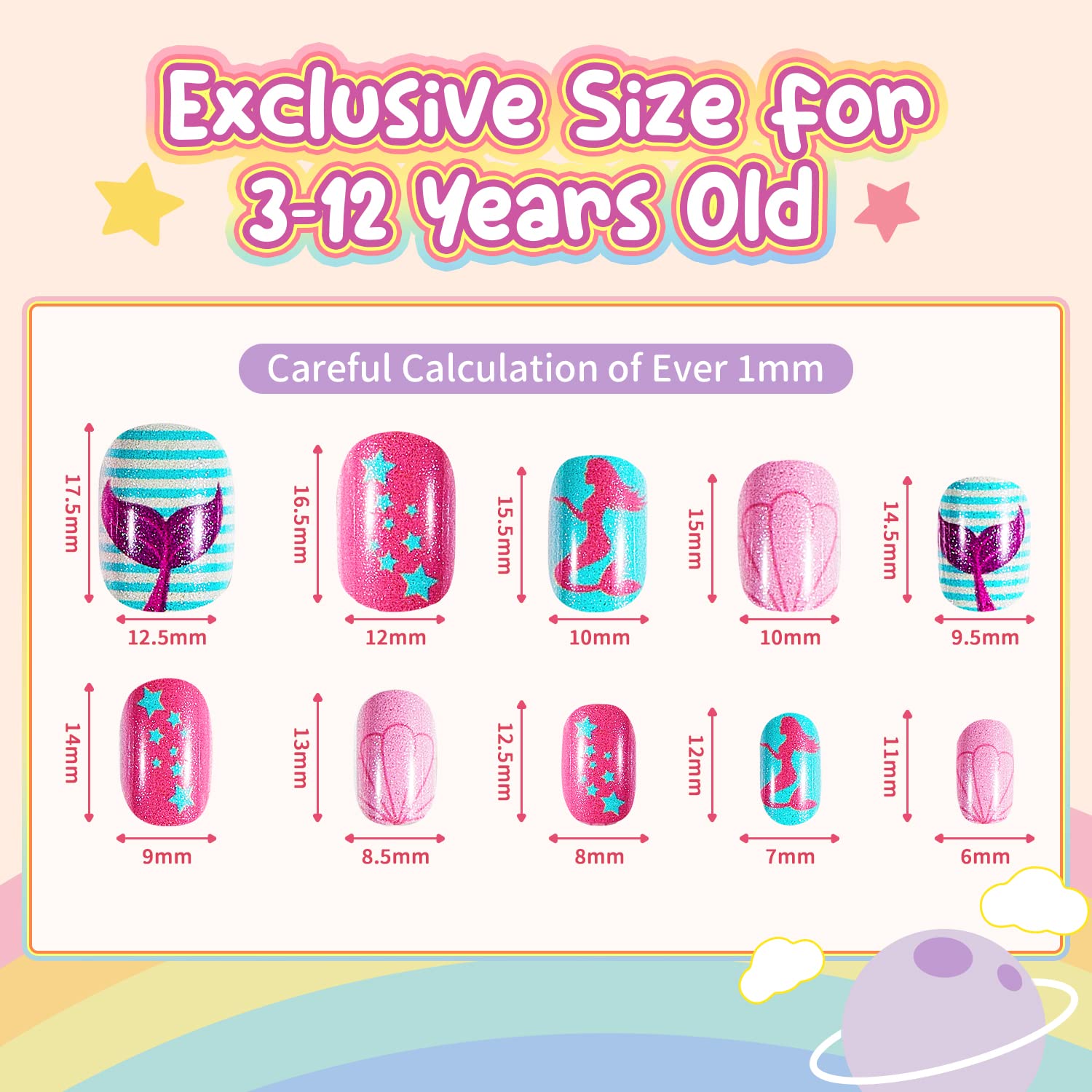 Modelones Press on Nails for Kids 144Pcs 6 Pack Children Acrylic Fake Nails Pre-glue Full Cover Glitter Gradient Color Heart Cat Short False Nail Art Kits Sets Christmas Gifts for Kids Girls