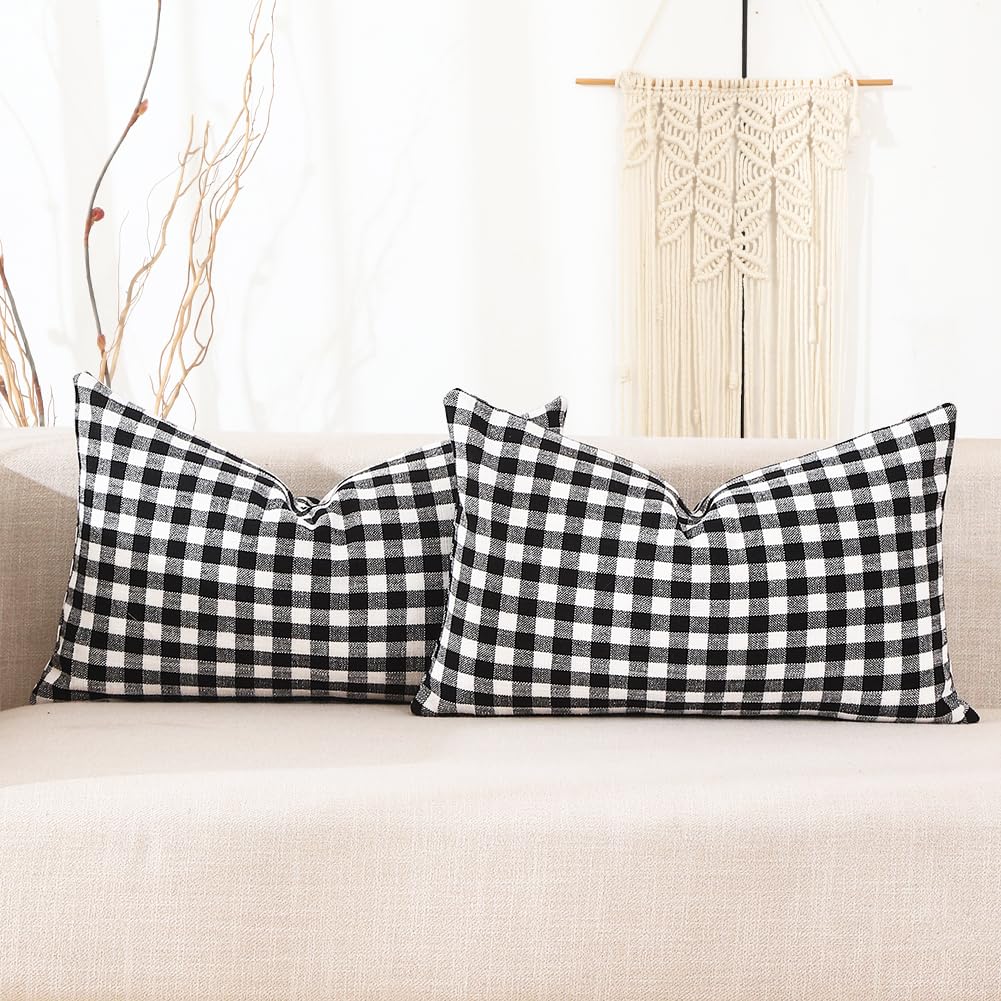CARRIE HOME Black and White Buffalo Plaid Outdoor Pillow Covers 16x16 Set of 2, 16 x 16 Modern Farmhouse Decor Couch Pillows, Black White Winter Christmas Holiday Plaid Pillows (No Pillow Inserts)