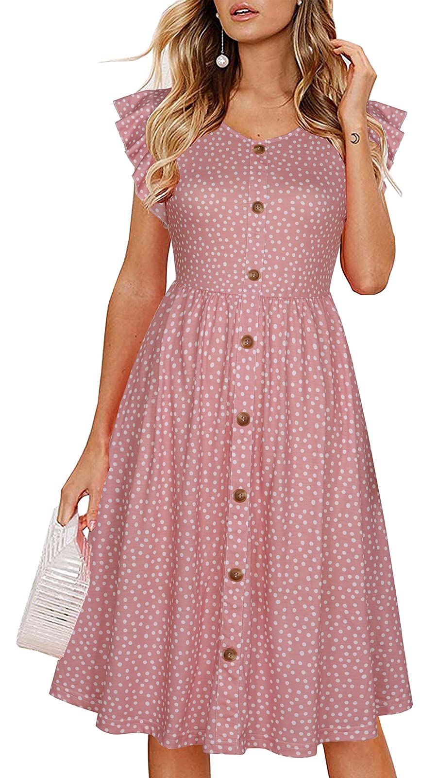 Lamilus Women's Casual Summer Dresses 2026 Ruffle Sleeves V-Neck Button Down Midi Swing Party Dress with Pockets