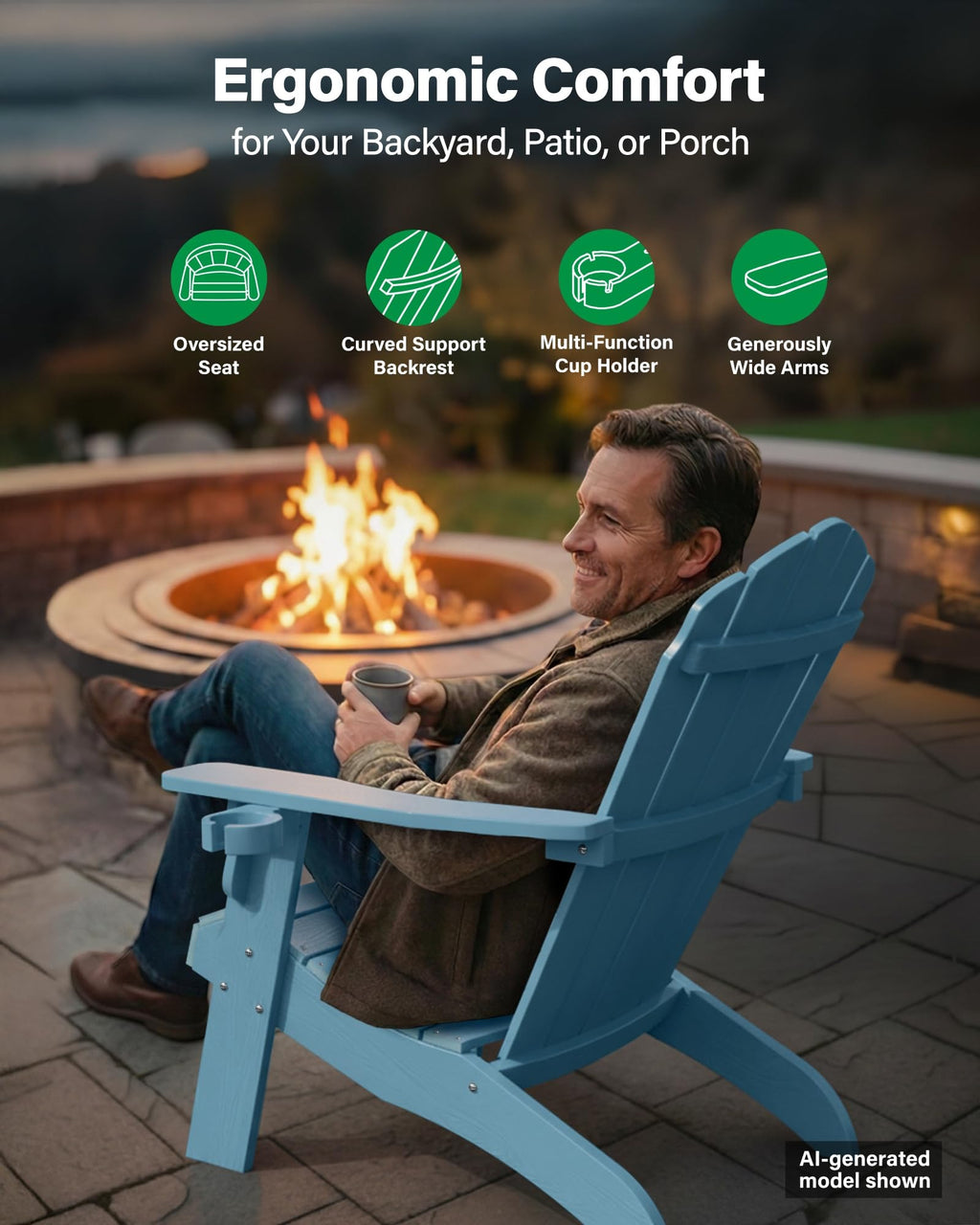YEFU Oversized Plastic Adirondack Chair Set of 2 with Cup-Holder (Large Dual-Purpose), Weather Resistant, Poly Lumber Outdoor Chairs Duty Rating Widely Used in Patio, Lawn, Outside, Deck Chairs-Black