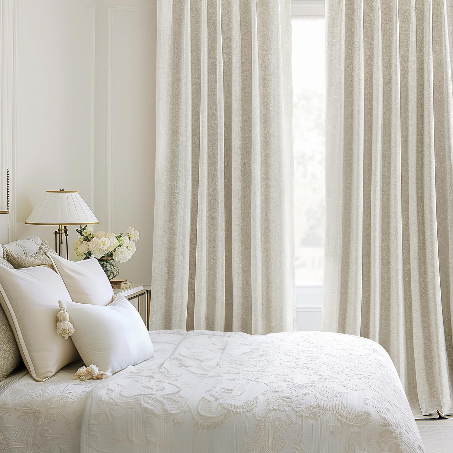 MIULEE Linen Pinch Pleated 100% Blackout Curtains for Bedroom 84 Inch Long 2 Panels Set- Back Tab Track Beige Thermal Insulated Cream Black Out Triple Pleat Room Darkening Drapes with Hooks, Greige