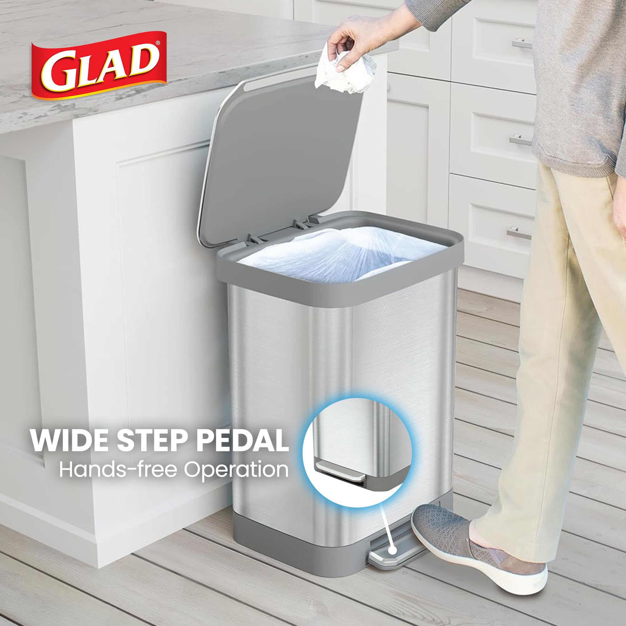 Glad 13 Gallon All Brushed Stainless Steel Trash Can with Clorox Odor Protection | Large Metal Kitchen Garbage Bin with Soft Close Lid, Garbage Bag Rings, Step On Foot Pedal and Waste Bag Roll Holder