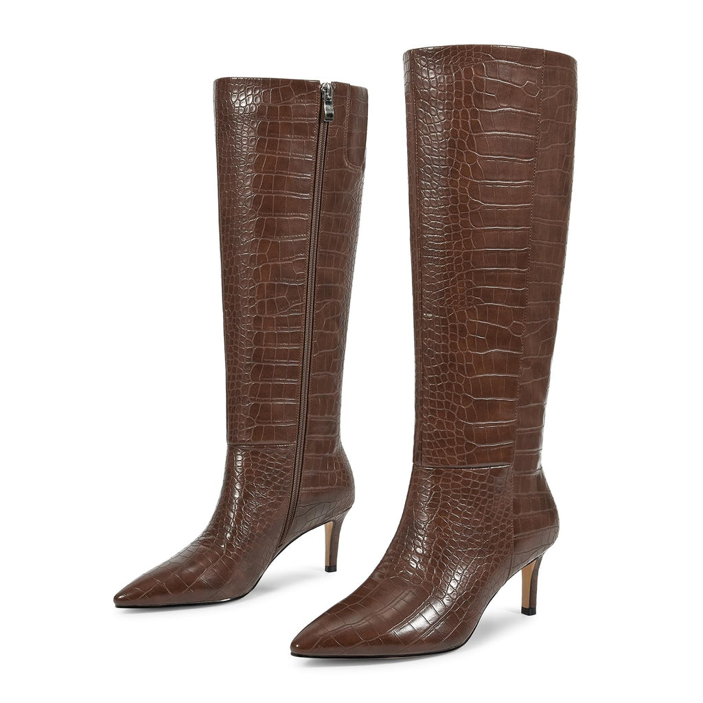 wetkiss Knee High Boots for Women - Pointed Toe Kitten Heel & Crocodile, Side Full Zipper for Easy Wear, All-Day Comfort Boots for Work, Party and Daily Chic Style