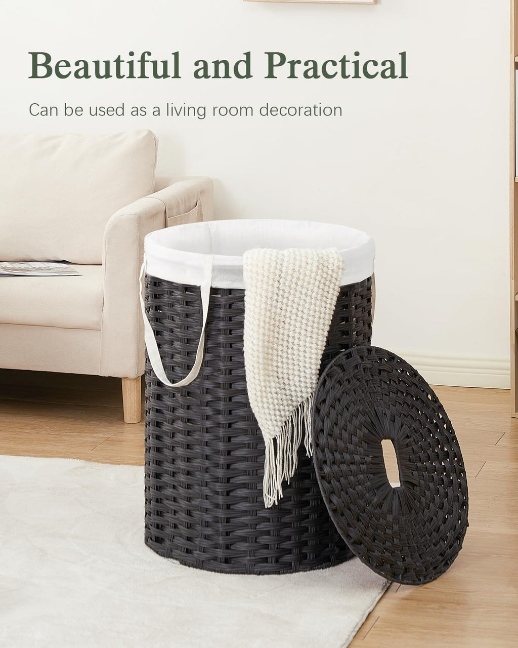 SETVSON Laundry Hamper with Lid Laundry Basket with Lid 19.0 Gal (72 L) Round Wicker Laundry Basket Handwoven Rattan Basket with Lid Removable Bag 2 Mesh Bags Handles for Living Room Bathroom Black