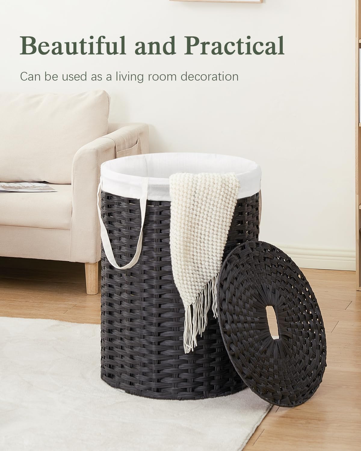 SETVSON Laundry Hamper with Lid Laundry Basket with Lid 19.0 Gal (72 L) Round Wicker Laundry Basket Handwoven Rattan Basket with Lid Removable Bag 2 Mesh Bags Handles for Living Room Bathroom Black
