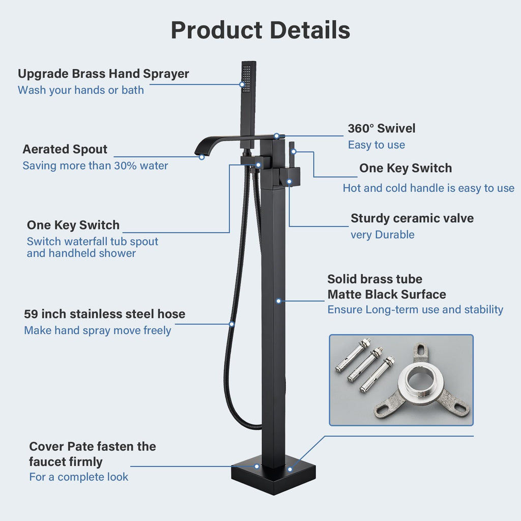 Brushed Gold Freestanding Bathtub Faucet with Hand Shower Tub Filler Faucet Floor Mounted High Flow Single Handle Bath Filler Solid Brass