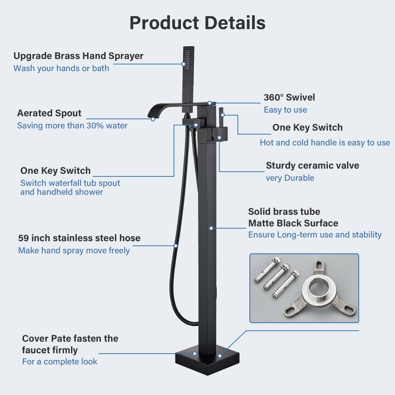 Brushed Gold Freestanding Bathtub Faucet with Hand Shower Tub Filler Faucet Floor Mounted High Flow Single Handle Bath Filler Solid Brass