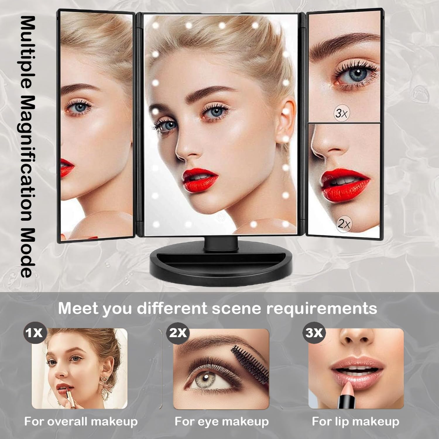 Flymiro Tri-fold Lighted Vanity Makeup Mirror with 3x/2x Magnification,Light up Mirror for Makeup,Touch Screen 21 LEDs,180° Rotation Countertop Cosmetic Mirror,Gifts for Women Mom Teen Girls