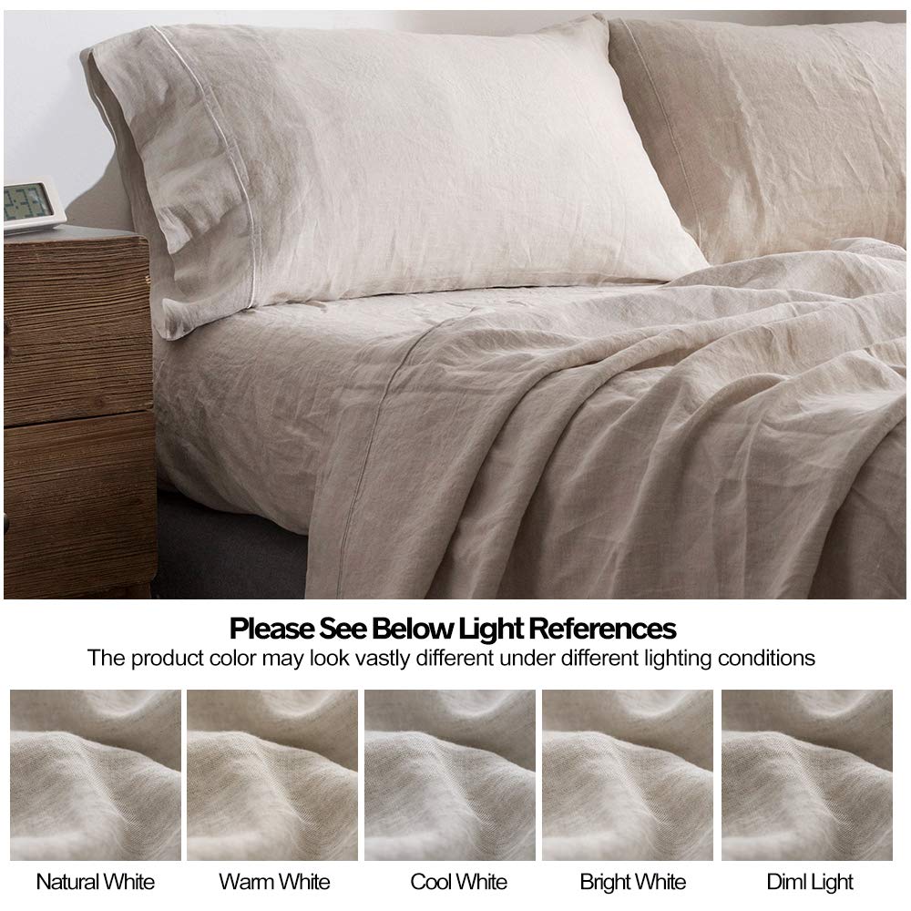Simple&Opulence 100% Pure Linen Sheet Set Twin Size, Natural French Flax Solid Color 3 Pcs Washed Breathable, Farmhouse Bedding (1 Flat Sheet,1 Fitted Sheet,1 Pillowcase)-Embroidery Dark Grey
