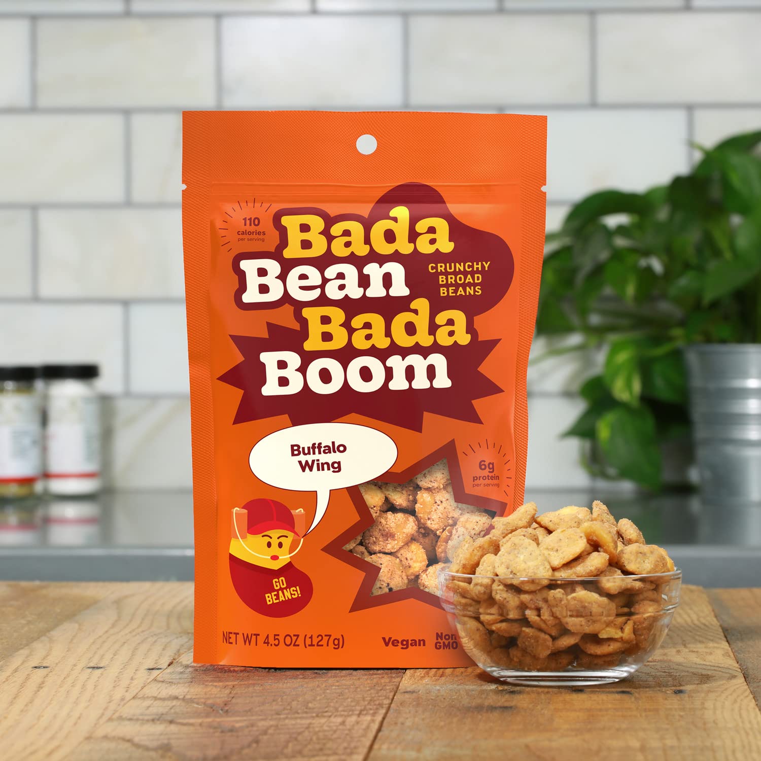 Bada Bean Bada Boom, Crunchy Roasted Broad Bean Snacks (Fava), High Protein, Vegan, Gluten-free - 110 Calorie Packs, Buffalo Wing, 4.5 Ounce (Pack of 6)