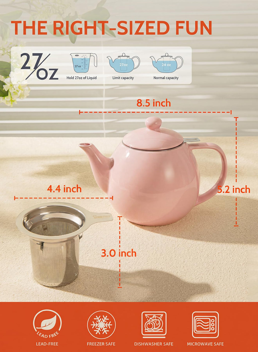 Sweese Porcelain Teapot 27 oz with Infuser for Loose Leaf Tea, Bluish Grey