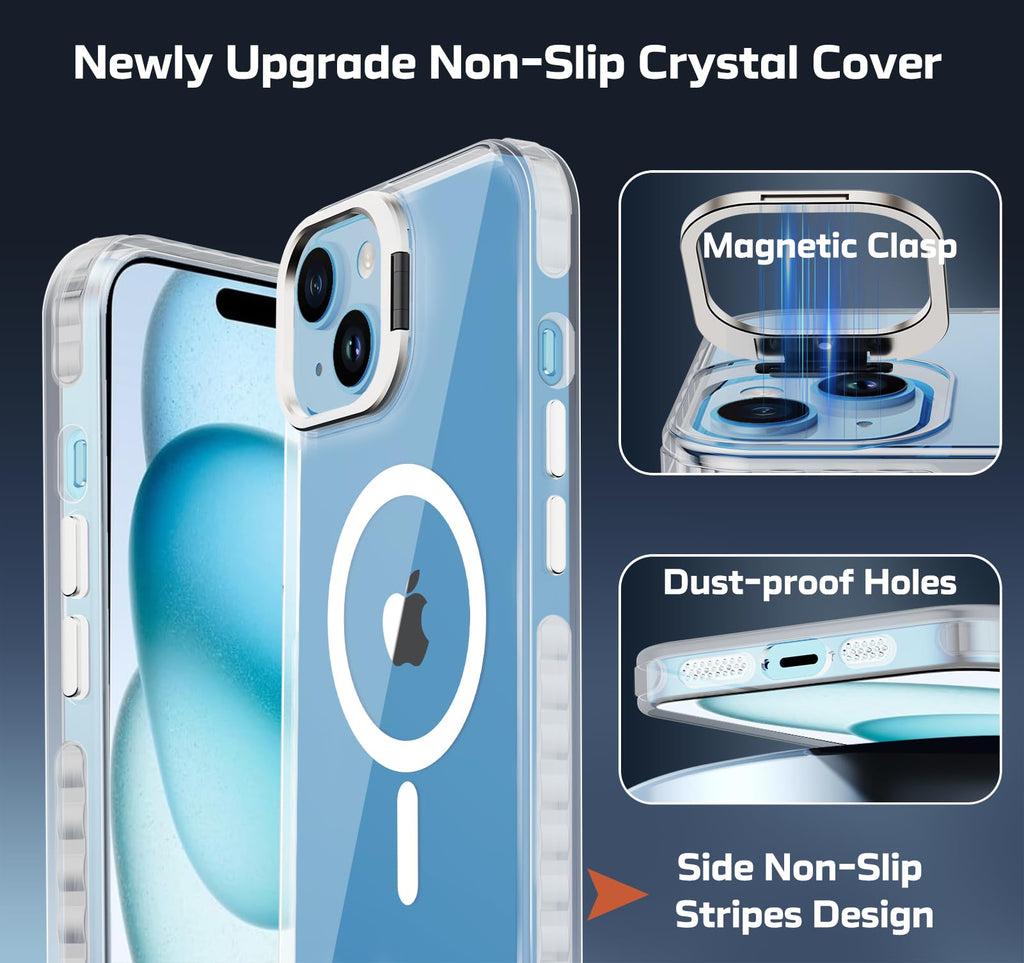 for iPhone 15 Clear Case with Stand, Compatible with MagSafe, Heavy Duty Drop Protection, Full Body Shockproof Magnetic Protective Phone Cover for Apple iPhone 15 (Clear Magnetic)