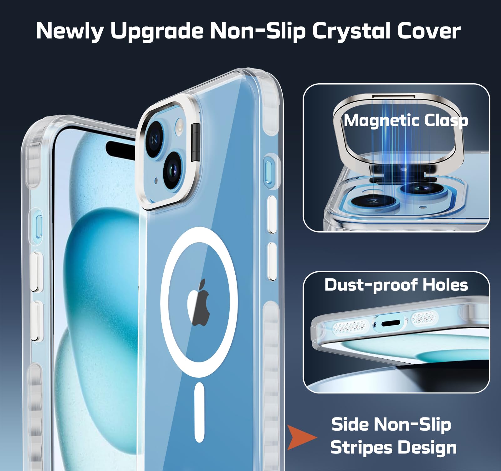 for iPhone 15 Clear Case with Stand, Compatible with MagSafe, Heavy Duty Drop Protection, Full Body Shockproof Magnetic Protective Phone Cover for Apple iPhone 15 (Clear Magnetic)